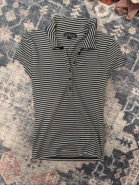 J. Crew Black & White Striped Button-Down Polo Top - Women's